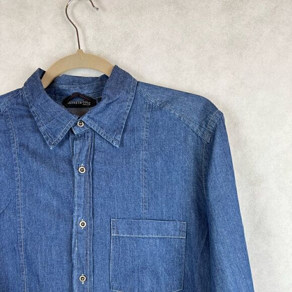 Kenneth Cole Blue Denim Fringed Long Sleeve Casual Shirt - Picture 4 of 7